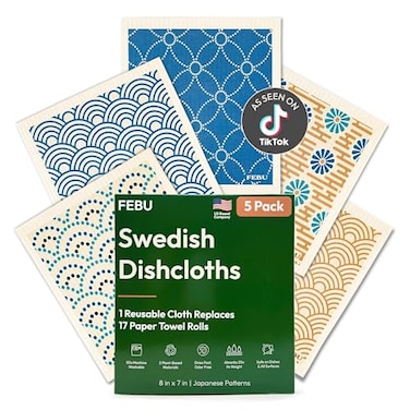 FEBU Swedish Dishcloths for Kitchen 5 Pack Japanese Reusable Paper Towels Washable Swedish Dish Towels NonScratch Cellulose Sponge Cloths No Odor Biodegradable Cleaning Cloths