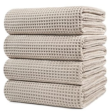 POLYTE 430 GSM Microfiber Oversize Quick Dry Lint Free Bath Towel 60 x 30 in 4 Pack Waffle Weave