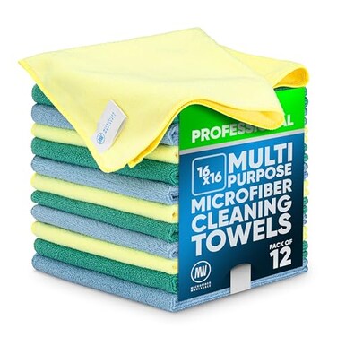Microfiber Wholesale MW Pro Microfiber Cleaning Cloth Blue Green Yellow 12 Pack Size 16 x 16 All Purpose Microfiber Towels Clean Dust Polish Scrub Absorbent