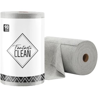 Fantasticlean Microfiber Cleaning Cloth Roll 90 Pack Tear Away Microfiber Towels 12 x 12 Reusable Washable Lint Free Ultra Absorbent Dishcloth for AllAround Cleaning Supplies Grey