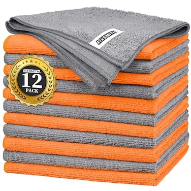 FIXSMITH Microfiber Cleaning Cloth Pack of 12 Highly Absorbent Cleaning RagsGreyOrange 16X12 All Purpose Cleaning Towels for Housekeeping Kitchen Car Reusable Microfiber Towels