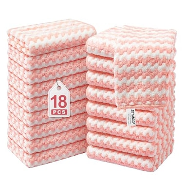 JOYMOOP Microfiber Cleaning Cloths 18 Pack 10 x 10 Pink Reusable LintFree Super Absorbent Towels for Kitchen Car and Household Cleaning