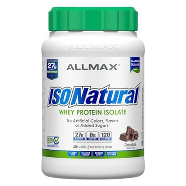 ALLMAX ISONATURAL Whey Protein Isolate Chocolate 2 lb 27 Grams of Protein Per Scoop Zero Fat Sugar 99 Lactose Free with Prebiotics No Artificial Flavors Approx 29 Servings