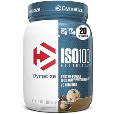 Dymatize ISO100 Whey Protein Powder Isolate Cookies Cream 25g of Protein 55g BCAAs Less Than 120 Cal Gluten Free 1g Fat 1g Sugar 2g Carb 20 Servings