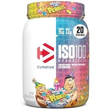 Dymatize x Birthday Cake Pebbles ISO100 Whey Protein Powder Isolate 25g of Protein 20 Servings 55g BCAAs 120 Cal Gluten Free 1g Fat 1g Sugar 2g Carb