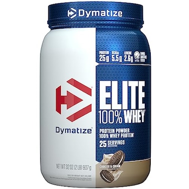 Dymatize Elite 100 Whey Protein Powder Cookies Cream 25g of Protein 55g BCAAs Less Than 140 Cal Gluten Free 3g Carb 2g Sugar 3g Fat 25 Servings
