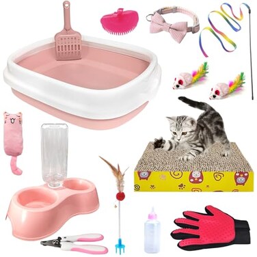 Hlimior Kitten Starter Kit 15Piece Cat Essentials Set Includes Litter Box Toys Collars Scratch Pad Nail File Automatic Feed Bowls Grooming Gloves Pink
