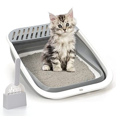 TomteNisse Foldable Cat Litter Box Large HeightAdjustable AntiSplash Open Air Kitty Litter Pan Easy Clean with Scoop Gray