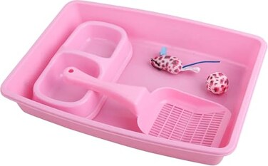PAWISE Newborn Small Cat Litter Box Kit for Kittens 5Piece Kit with Low Entry Litter Pan Scooper Feeding Bowls Mouse Toy Cat Starter Set for New Kitty Home Pink