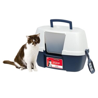 IRIS USA Cat Litter Box Enclosed Corner Litter Box with Scoop Hooded Litter Tray for Corners SpaceSaving Covered Litter Box Odor Defensive NavyWhite