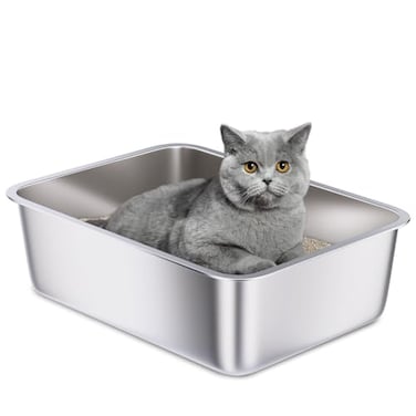Holintan Stainless Steel Litter Box 18x14x6Height Medium Metal Cat Litter Box Easy Clean Non Stick Litterbox No Smell for Cats or Kitty Rabbits