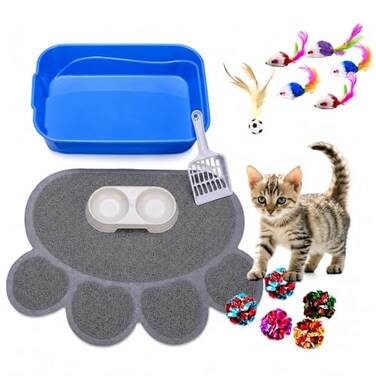 GreenJoy Kitten Litter Box Starter Kit with Mat AllinOne Starter Kit for Kittens Small Cats AntiTracking Litter Mat Easy Clean Includes Scoop Toys Compact Size GreyScoop