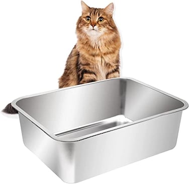 Kichwit Large Stainless Steel Cat Litter Box with High Sides Metal Litter Pan for Big Cats Non Stick Smooth Surface Easy to Clean 234 L x 155 W x 76 H