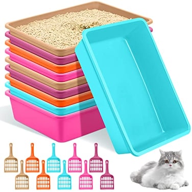 Amyhill 10 Pcs Open Cat Litter Box Kitten Litter Pan with 10 Scooper Medium Plastic Pet Tray Durable Nonstick Kitten Box for Indoor Pets Cats Rabbit Supply Easy to Clean146x106x34 Inch 5 Color