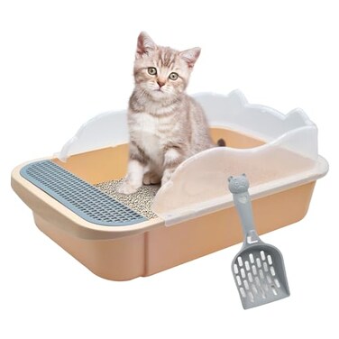 kathson Open Cat Litter Box with High SideAntiSplashing Cats Litter Pan SemiEnclosed Removable Cats Litter Boxes with Litter Sifting Scoop Open Top Kitty Toilet for Easy to CleanKhaki