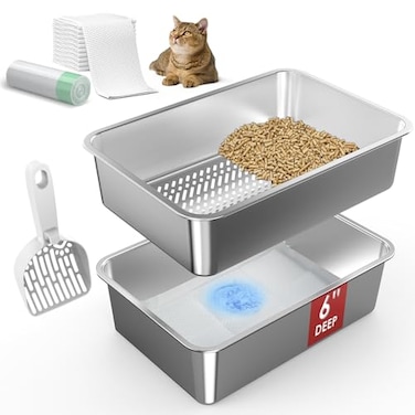 suzzipaws 196x137x6 Suzzipaws Stainless Steel Litter Box Open Top Sifting Litter Box for Pine Pellets Metal Litter Pan Tray System with Pee Pads Liners Odor Control Low Dust Easy Cleaning