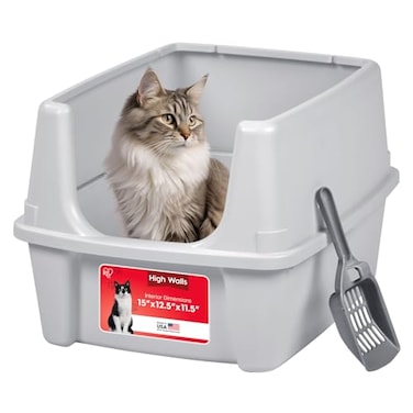 IRIS USA Cat Litter Box Large Open Top with High Sided Walls Tall Scatter Shield Scoop Included Easy Clean Plastic Pan Stain Resistant for Big Cats Kittens Indoor MultiCat Households