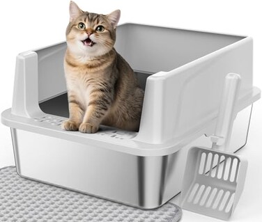 FURTIME Stainless Steel Cat Litter Box EasyClean HighSided Metal Litter Box OpenTop Litter Pan for Small Cats Includes Scoop Mat NonStick AntiLeakage 171384