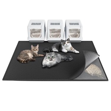 Waretary Cat Litter Box Mat 47x 36 Waterproof Kitty Cat Litter Trapping Mat Easyclean Doublelayer Scatter Control Pad Rug Black