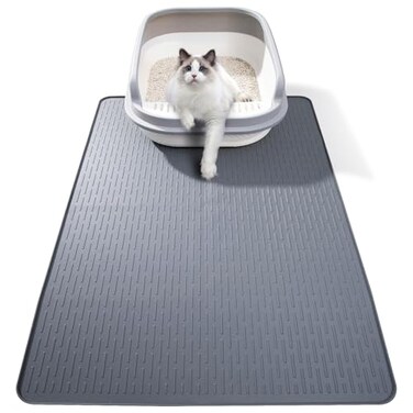 ondware Silicone Cat Litter Mat 28x20 in Waterproof Litter Box Mat Cats Feeding Mats with Raised Edges Quick Clean Desig Grey