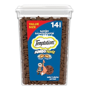 Temptations Jumbo Stuffed Cat Treats Crunchy and Soft Cat Treats Savory Salmon Flavor 14 oz Tub
