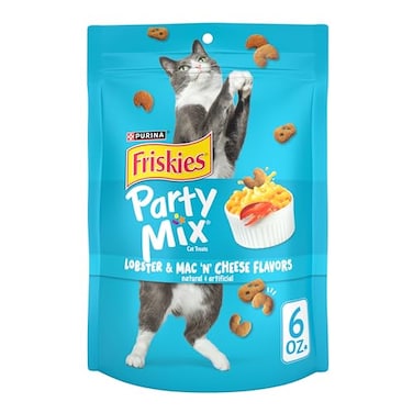 Friskies Purina Cat Treats Party Mix Lobster Mac N Cheese Flavors Pack of 6 6 oz Pouches