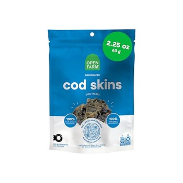 Open Farm Dehydrated Dog Treats High Protein Low Carbohydrate Cod Skins Crunchy Texture Single Ingredient WildCaught Cod Skins Recipe 225oz Pouch