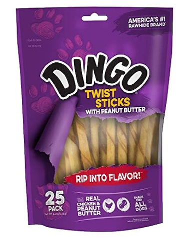 Dingo Twist Sticks with Peanut Butter Rawhide Treats for Small Medium and Large Dogs 25Count