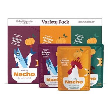 Made by Nacho Wet Cat Food Variety 12 Pack 3oz Each CageFree Chicken Sustainably Caught Salmon GrassFed Beef with Bone Broth for Extra Hydration Gravy Cut Pouches