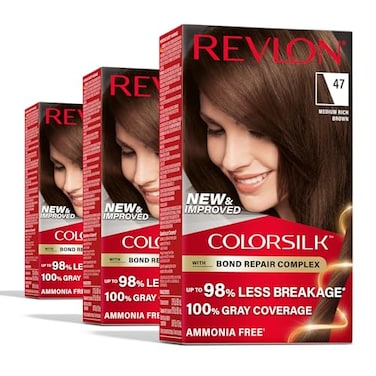 Revlon ColorSilk with Bond Repair Complex Brown Permanent Hair Color 100 Gray Coverage Ammonia Free Hair Dye Vegan Keratin 47 Medium Rich Brown Pack of 3