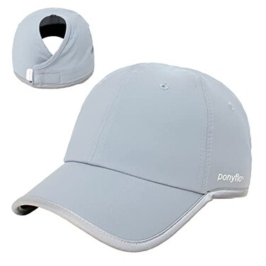 Ponyflo 360 Reflective Performance Ponytail Running Hat Patented Womens High Ponytail Baseball Cap Grey