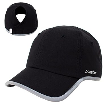 Ponyflo 360 Reflective Performance Ponytail Running Hat Patented Womens High Ponytail Baseball Cap Black