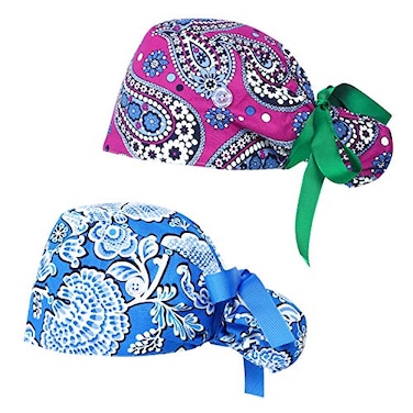 Fassave 2Pcs Working Cap with Buttons and Ribbon TieAdjustable Ponytail Hats with Sweatband Long Hair for WomenColor 03Large