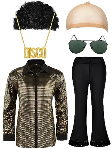 Mepase 6 Pcs Men 70s Disco Costumes Include Sequin Shirt Bell Bottom Pants Wig Sunglasses Necklace Wig Cap for Disco Party XLarge