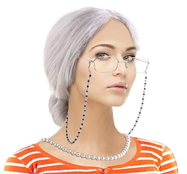 Feacole Old Lady Costume SetGrandmother WigWig Caps Madea Granny Glasses Eyeglass Retainer ChainPearl Necklace5 Pieces