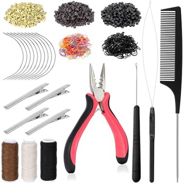 GrennMauler Hair Extension Tools Kit 600 Silicone Lined Micro Rings 1 Plier 2 Hook Needle Pulling Loop 10 Curved Hair Needle 4 Metal Hair Clips 1 Comb 3 Sewing Threads 200 Mini Rubber Bands