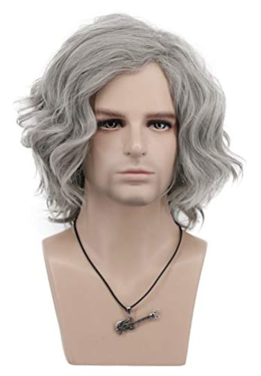 VGbeaty Old Men Short Curly Gray Wig Halloween Cosplay Anime Costume Party Wig