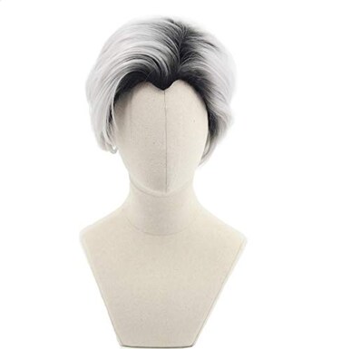 SpeedBeauty Mans Short Curly Silver Grey Boot Black Cosplay Wig Halloween Costume Wig