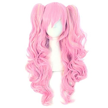 MapofBeauty Multicolor Lolita Long Curly Clip on synthetic Ponytails Cosplay Wig PinkBlonde