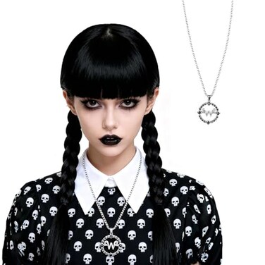 QACCF Womens Long Straight Braided Full Bang Black Synthetic Cosplay Costume Full Wig Braid Jet