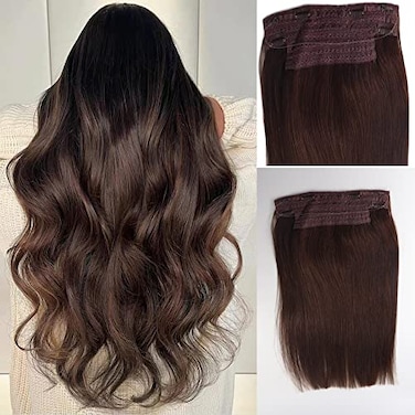 SUNFA Invisible Halos Hair Extensions with Transparent Wire Adjustable Size 4 Secure Clips 16Inch 80g Dark Brown Clip in Natural Straight Real Human Fish Line