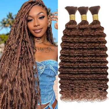 Highlight Human Braiding Hair for Boho Braids 150g 18 Inch Auburn Brown Curly Boho Hair for Braiding Knotless 12A Deep Wave Bulk Bohemian 3 BundlesPack Color 30