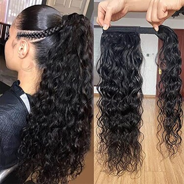 Ladyrite Wrap Around Ponytail Extensions Magic Paste Water Wave Ponytail Human Hair for Black Women Curly Hairpiece Black 12 inch
