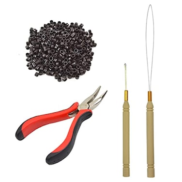 YTBYT Hair Extensions Tool Kit Itip Hair Extension Pliers Pulling Hook Bead Device Tool Kits and 500 Pcs 5 mm Micro Links Rings Beads Dark Brown