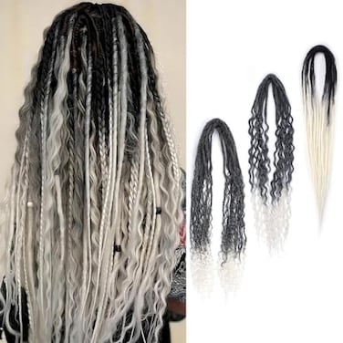Lounoke 24 Inch Double Ended Dreadlock Extensions Sets 20 Strands 3 In 1 Mixed Synthetic Dreads Extensions Gray to White StraightCurlyBoho Handmade Dreads Hippie Style Dreadlocks for Woman