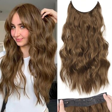 KooKaStyle Invisible Wire Hair Extensions with Transparent Wire Headband Adjustable Size 4 Secure Clips Long Wavy Hairpiece 20 Inch COCOA for Women