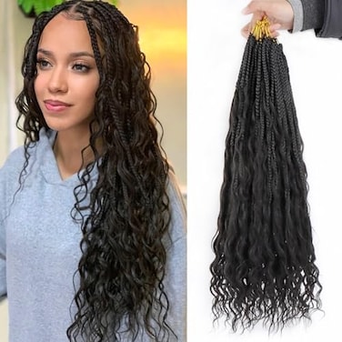 IXIMII Crochet Boho Box Braids with Human Hair Curls 18inch 8packs 96strands 1B Deep Wave PreLooped Bohemian Goddess Braids Crochet Hair Handmade Curly Ends Hair Extensions For Women
