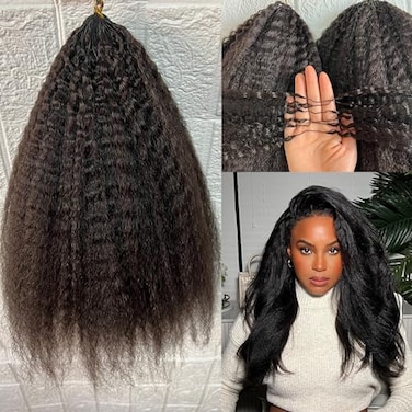 CHARMING YOU Kinky Straight Feather Crochet Human Hair Extension Yaki Wave Pre Separated Knotless Crochet Hair Micro Bundles With Loop For Reusable Boho Braids 18Inch 60g 50Strands