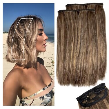 MINGATEC 2 Pcs Short Hair Extensions Clip in Extensions Human Hair for Women Adding Volume 6 inch Medium Brown and Honey Blonde