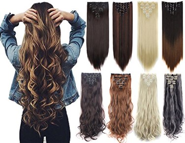 Lelinta 7Pcs 23 Thick Straight Full Head Clip in on Double Weft Hair Extensions Dark Black